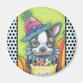 BOSTON TERRIER HALLOWEEN CLOWN, HUND MAGNET Round