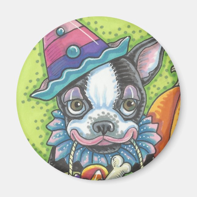 BOSTON TERRIER HALLOWEEN CLOWN, HUND MAGNET Round (Framsidan)