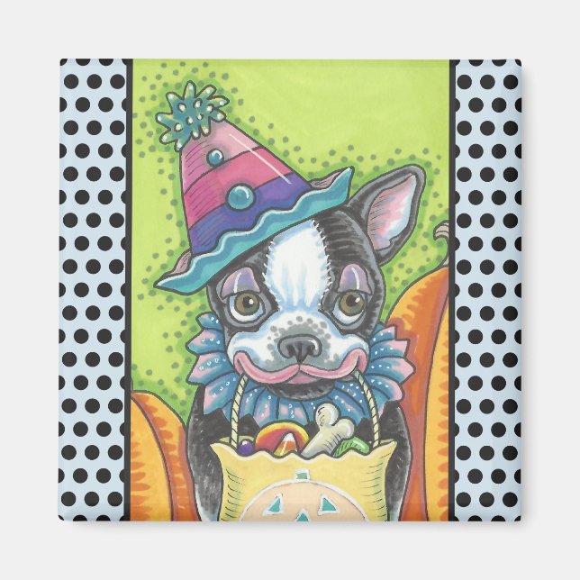 BOSTON TERRIER HALLOWEEN CLOWN, HUND MAGNET Square (Framsidan)