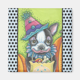 BOSTON TERRIER HALLOWEEN CLOWN, HUND MAGNET Square