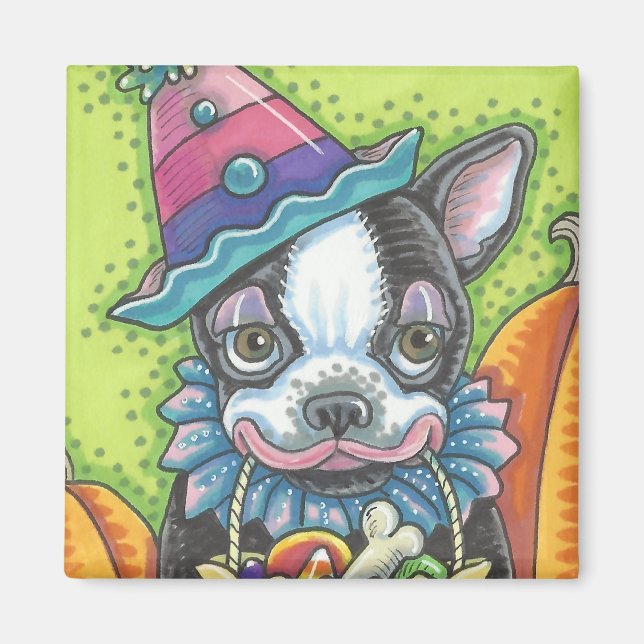 BOSTON TERRIER HALLOWEEN CLOWN, HUND MAGNET Square (Framsidan)