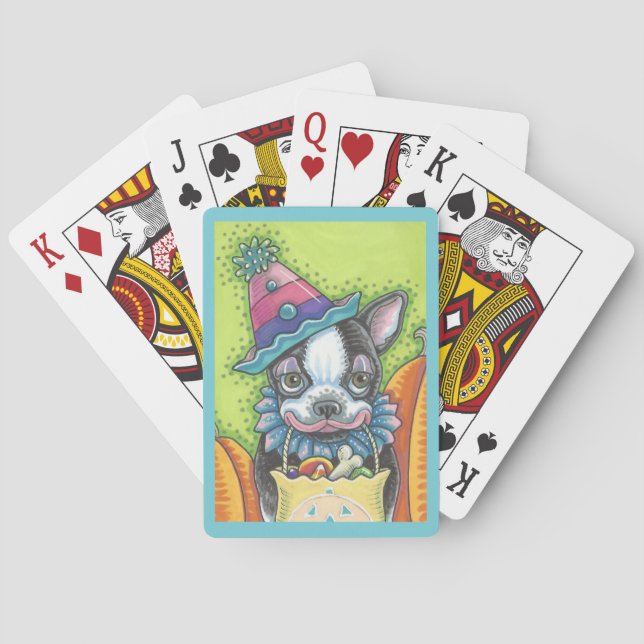 BOSTON TERRIER HALLOWEEN CLOWN, HUND PLAYDS CARDS CASINOKORT (Baksidan)