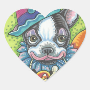 BOSTON TERRIER HALLOWEEN CLOWN STICKER LAKAN Heart Hjärtformat Klistermärke