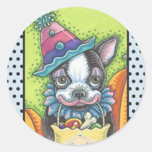 BOSTON TERRIER HALLOWEEN CLOWN STICKER LAKAN Round Runt Klistermärke