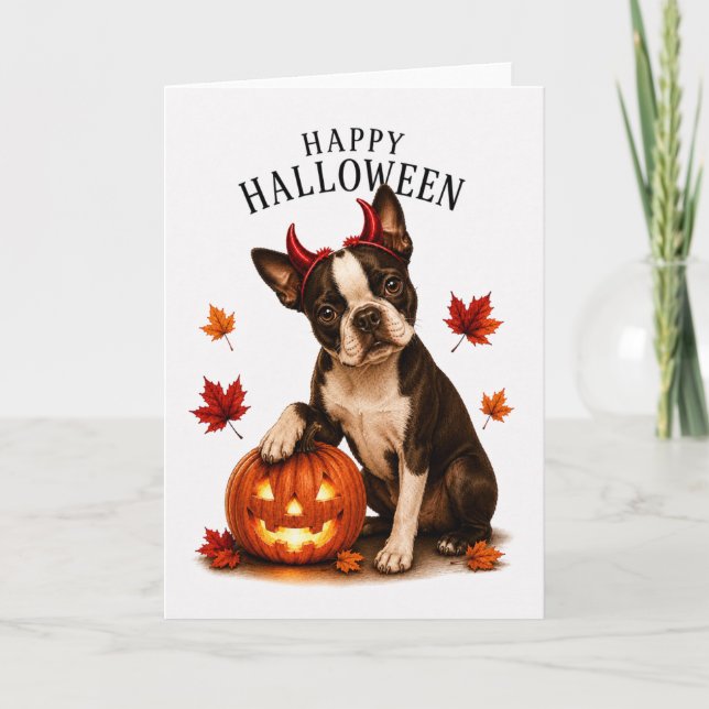 Boston Terrier Halloween Djävulshund Kort (Framsida)