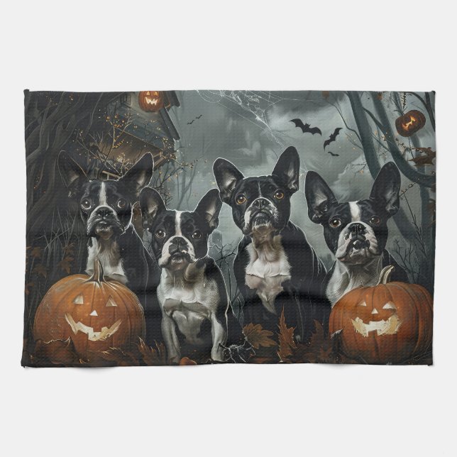 Boston Terrier Halloween Night Doggy Delight Kökshandduk (Horisontell)