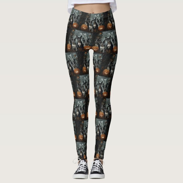 Boston Terrier Halloween Night Doggy Delight Leggings (Framsida)