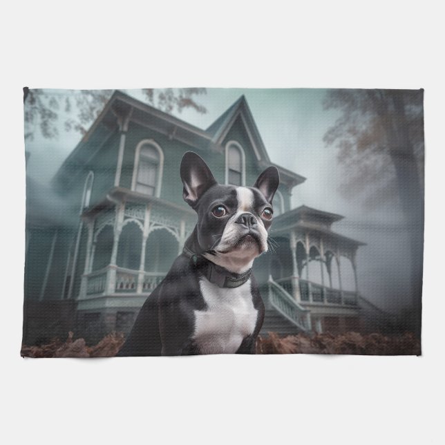 Boston Terrier Halloween Scary Kökshandduk (Horisontell)