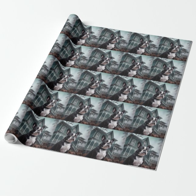 Boston Terrier Halloween Skräck Presentpapper (Utrullad)