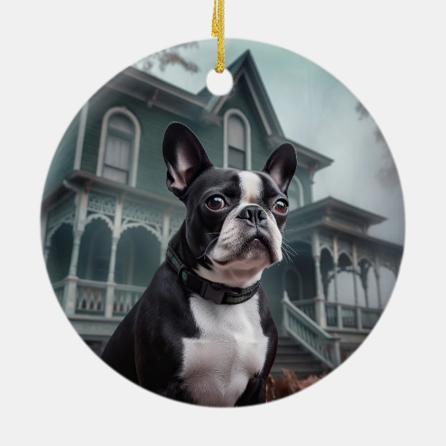 Boston Terrier Halloween Skräckinjagande Julgransprydnad Keramik (Baksidan)