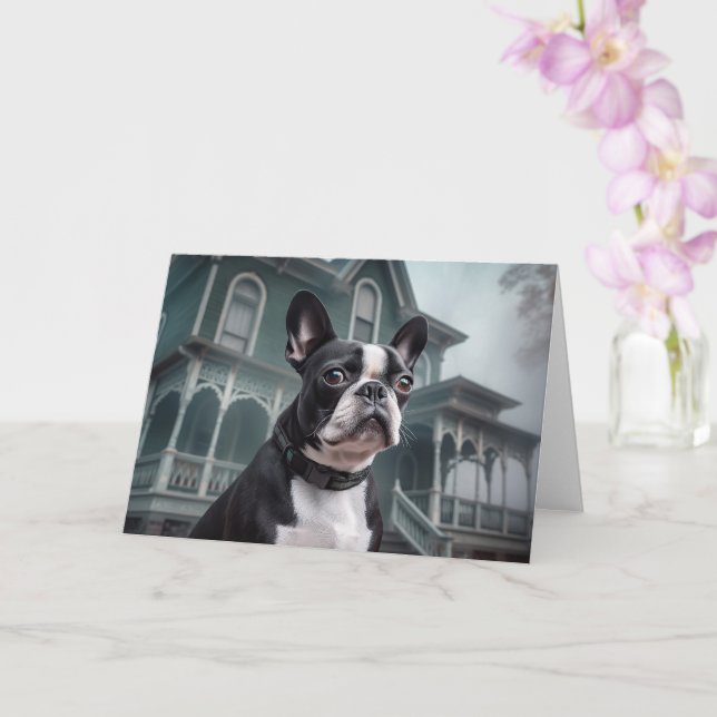 Boston Terrier Halloween Skräckinjagande Kort (Orkide)