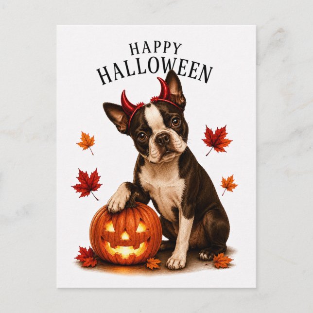 Boston Terrier Halloween Vykort (Framsida)