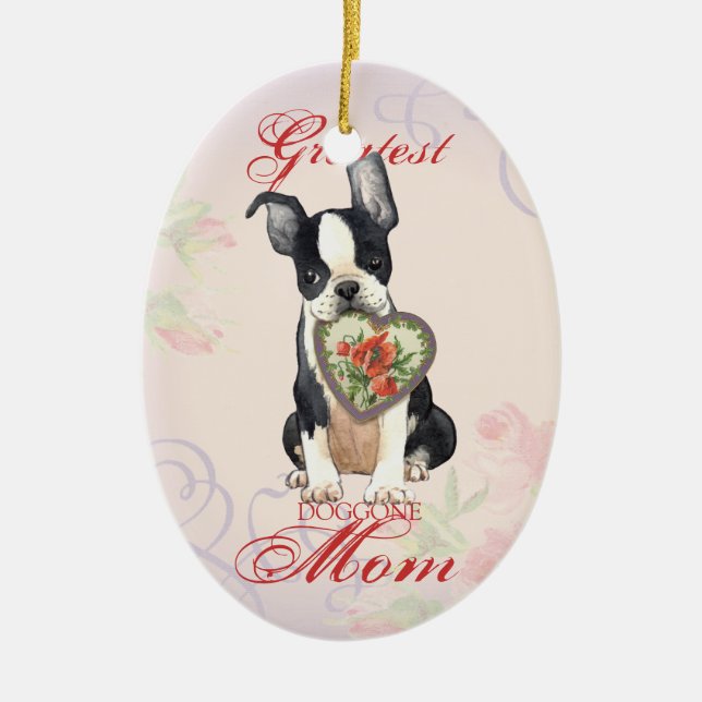 Boston Terrier Heart Mamma Julgransprydnad Keramik (Framsidan)