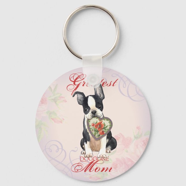 Boston Terrier Heart Mamma Nyckelring (Framsida)