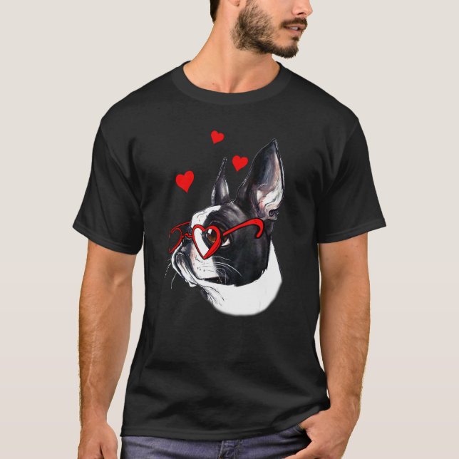 Boston Terrier Heart Sunglasses Valentines day Co T Shirt (Framsida)
