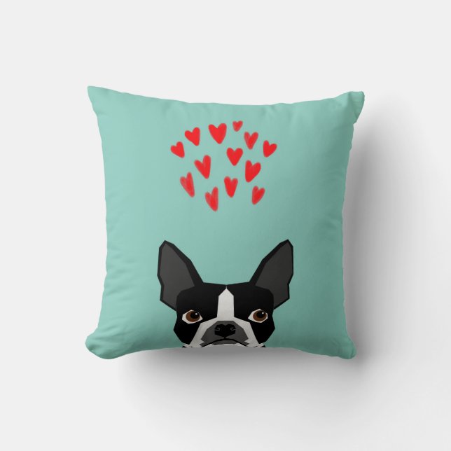 Boston Terrier - Hearts, Cute Rolig hund Cute Vale Kudde (Framsida)
