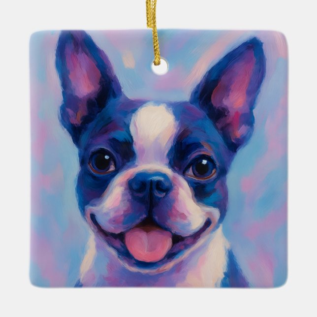 Boston Terrier Helgdag Ornament - julnamn (Framsida)
