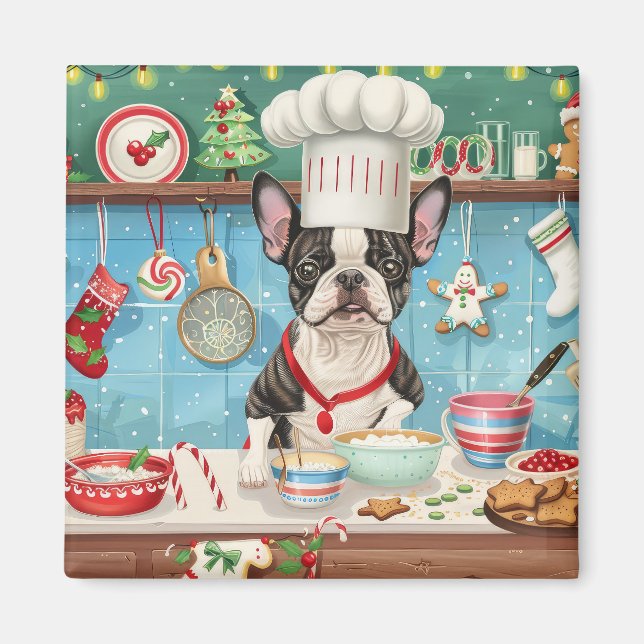 Boston Terrier Holiday Baking: Festiv julbakning Magnet (Framsidan)