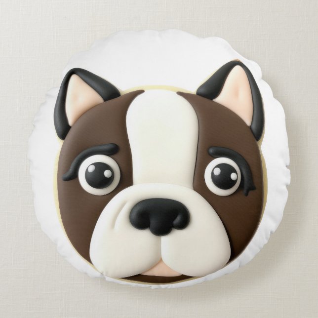 Boston Terrier Hund 3D Inspired Rund Kudde (Framsidan)