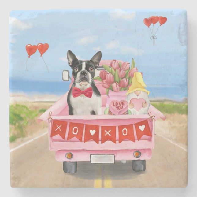 Boston Terrier Hund Alla Hjärtans Dags Lastbil Hjä Stenunderlägg (Framsidan)