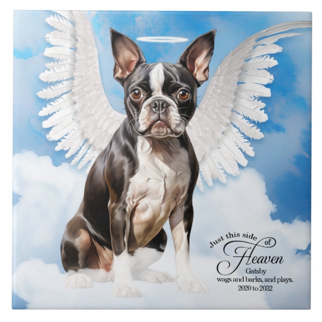 Boston Terrier Hund Angel Anpassningsbar Pet Memor Kakelplatta (Framsidan)