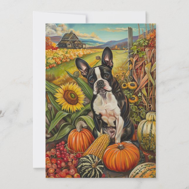 Boston Terrier Hund Autumn Harvest Thanksgiving Julkort (Framsida)
