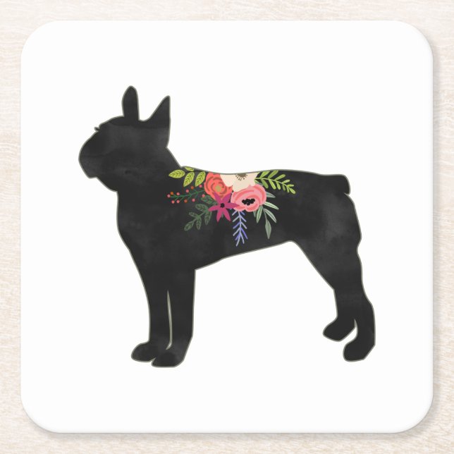 Boston Terrier Hund aveln Boho Blommigt Silhouette Underlägg Papper Kvadrat (Framsidan)
