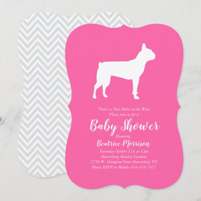 Boston Terrier Hund Baby Shower Rosa Girl Inbjudningar (Fram/baksida)