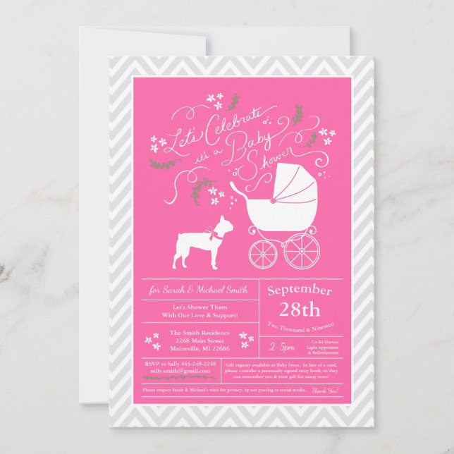 Boston Terrier Hund Baby Shower Rosa Girl Inbjudningar (Framsida)