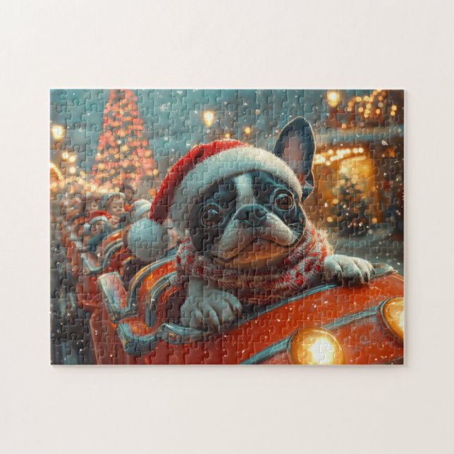 Boston Terrier Hund Berg-och-dalbana Jul Pussel (Horisontell)