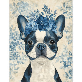 Boston Terrier Hund Blue Blommigt Casinokort