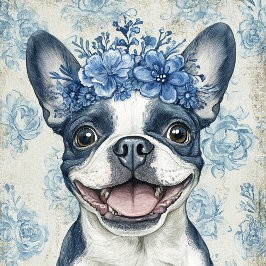 Boston Terrier Hund Blue Blommigt Tygkasse