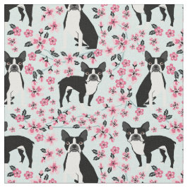 Boston Terrier hund cherry-blommar ljusblå Tyg
