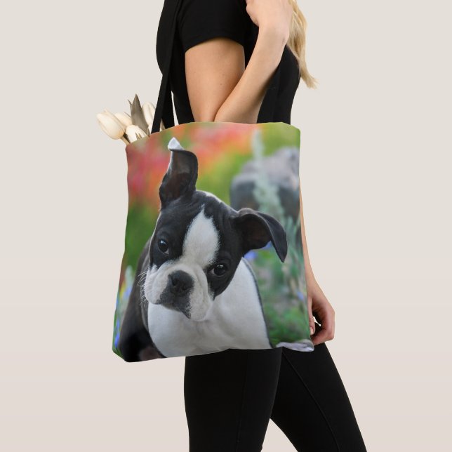Boston Terrier Hund Cute Puppy Porträtt - Shopper Tygkasse (Närbild)