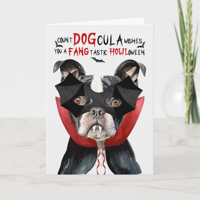 Boston Terrier Hund Funny Count DOGcula Halloween Helgkort (Framsida)