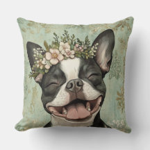Boston Terrier Hund Grönt Blommigt