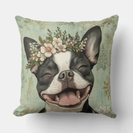Boston Terrier Hund Grönt Blommigt Kudde