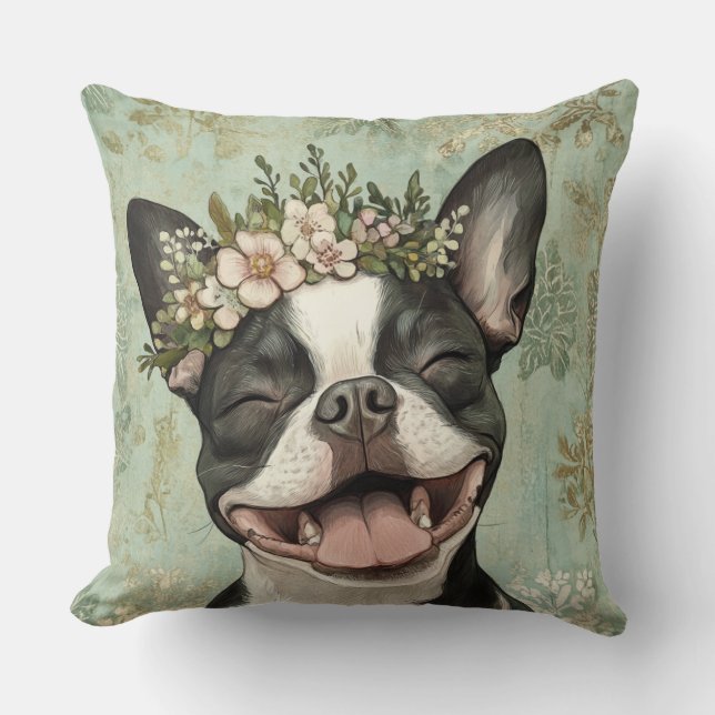 Boston Terrier Hund Grönt Blommigt Kudde (Framsida)