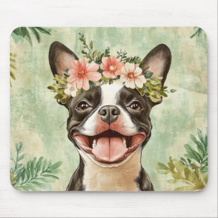Boston Terrier Hund Grönt Blommigt Musmatta