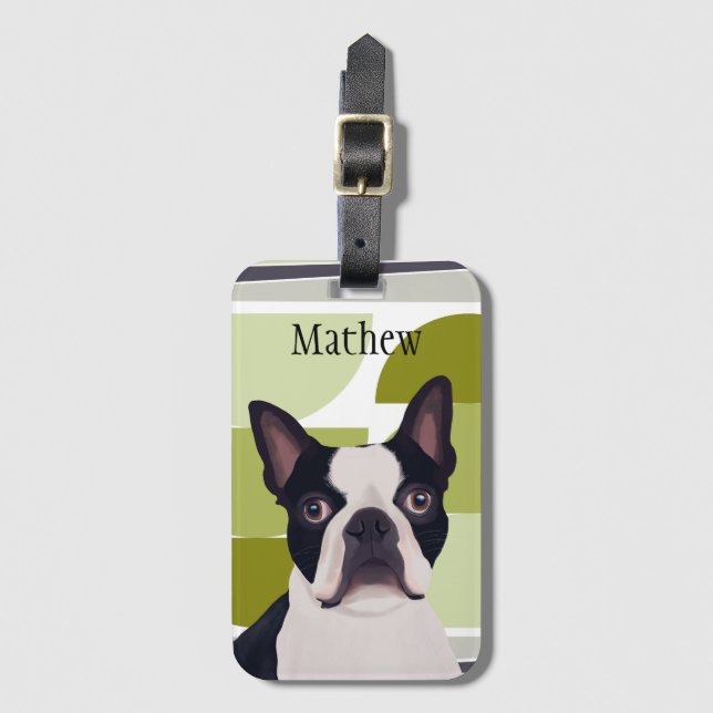 Boston Terrier Hund - Grönt Geometric Bagagebricka (Framsida vertikal)