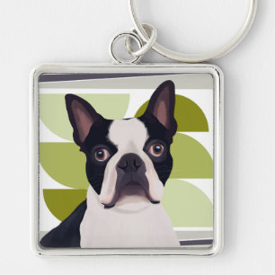 Boston Terrier Hund - Grönt Geometric Fyrkantig Silverfärgad Nyckelring