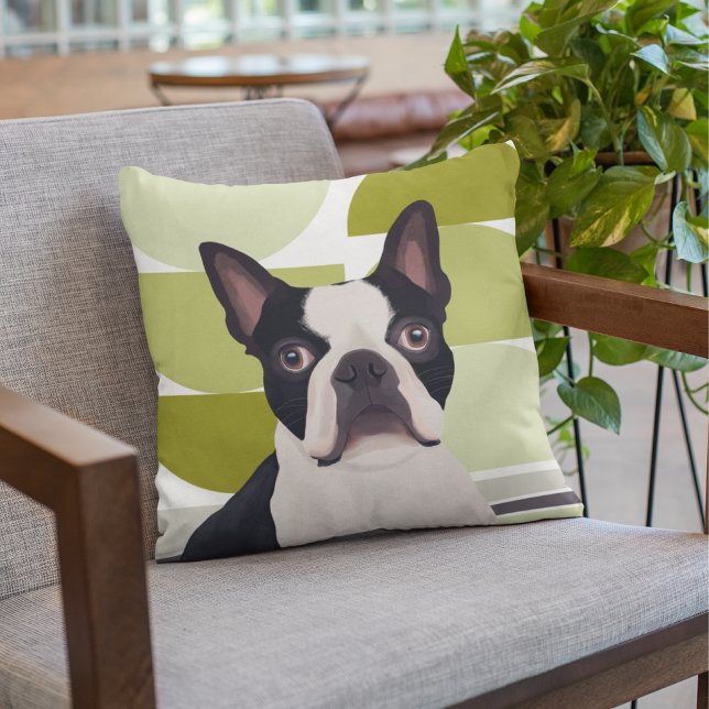 Boston Terrier Hund - Grönt Geometric Kudde (Skapare uppladdad)