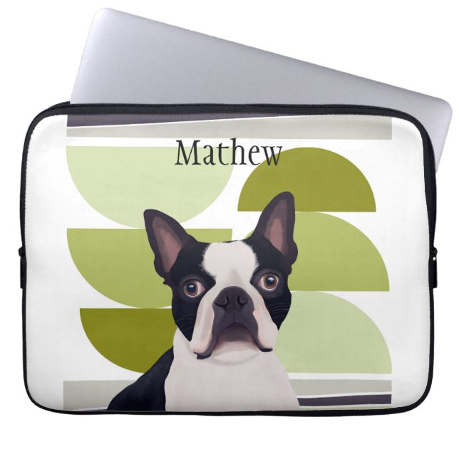 Boston Terrier Hund - Grönt Geometric Laptop Fodral (Framsidan)