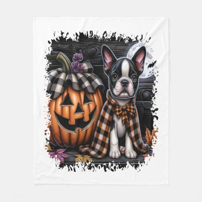 Boston Terrier Hund Halloween Fleecefilt (Framsidan)