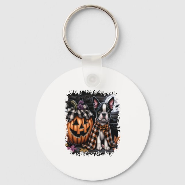 Boston Terrier Hund Halloween Nyckelring (Framsida)