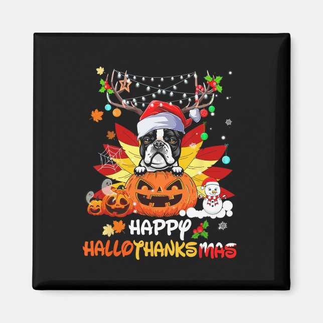 Boston Terrier Hund Halloween och God jul Magnet (Framsidan)