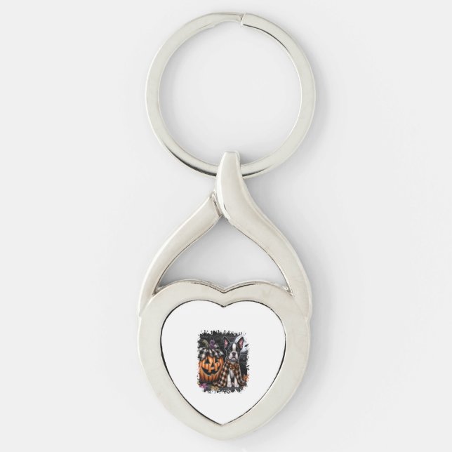 Boston Terrier Hund Halloween Twisted Heart Silverfärgad Nyckelring (Framsidan)