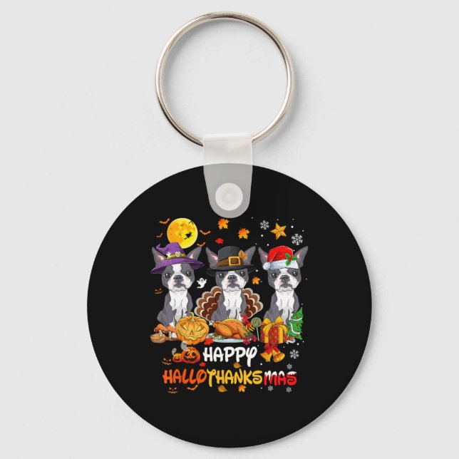 Boston Terrier Hund Happy halloween Thanksgiving C Nyckelring (Framsida)