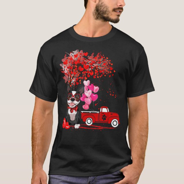 Boston Terrier Hund Heart Träd Valentine Day T Shirt (Framsida)