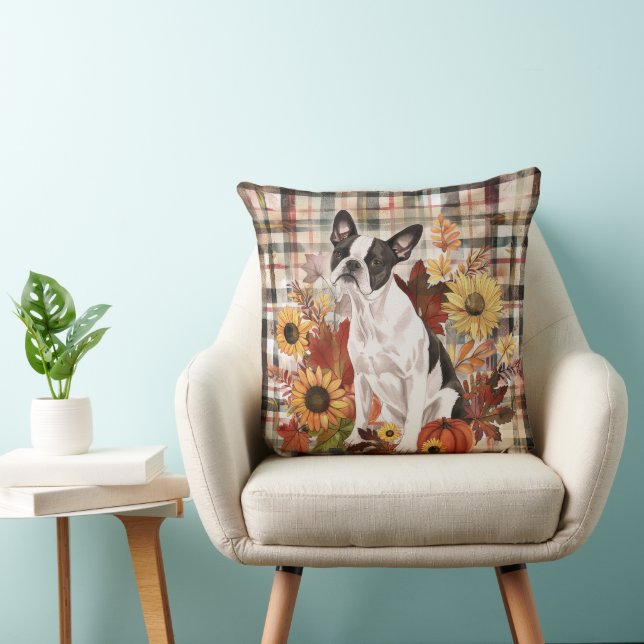Boston Terrier Hund Höst Akvarell Blommor Kudde (Stol)